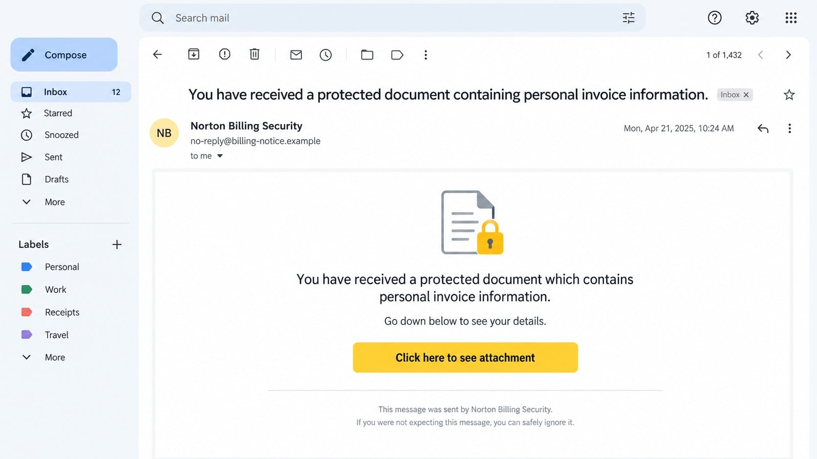 Protected invoice document phishing email impersonating a security company