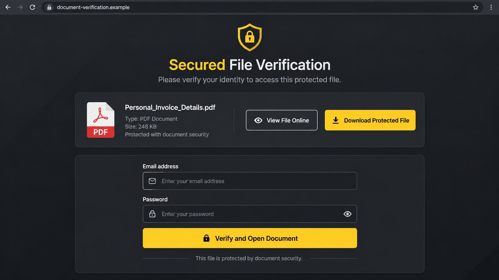 Fake secured invoice viewer requesting an email address and password