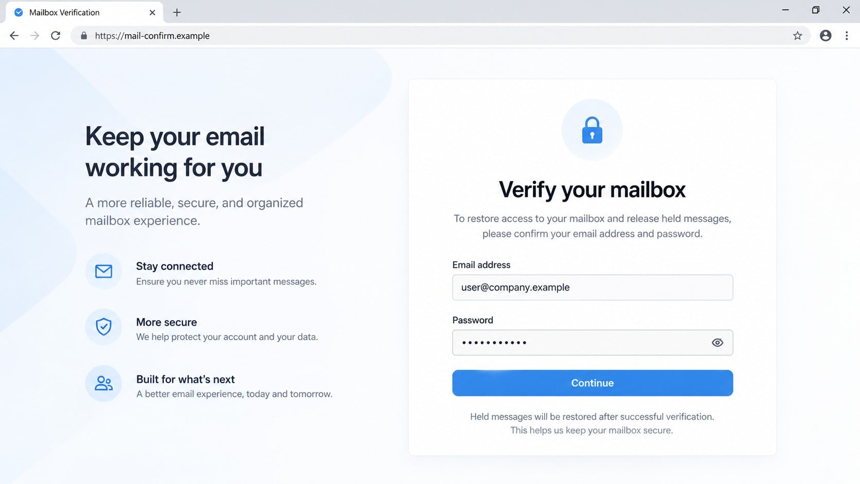 Fake mailbox verification portal asking for an email address and password