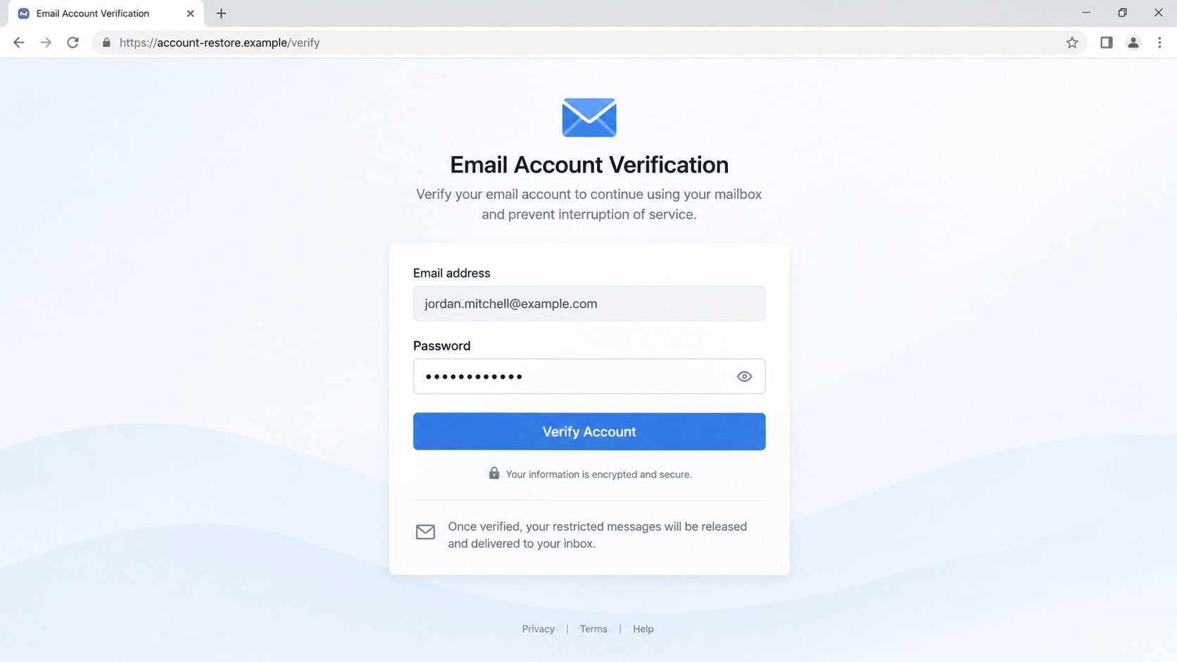 Counterfeit mail access portal requesting a password to release held messages