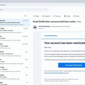 Email account restriction notice phishing message with an account verification button