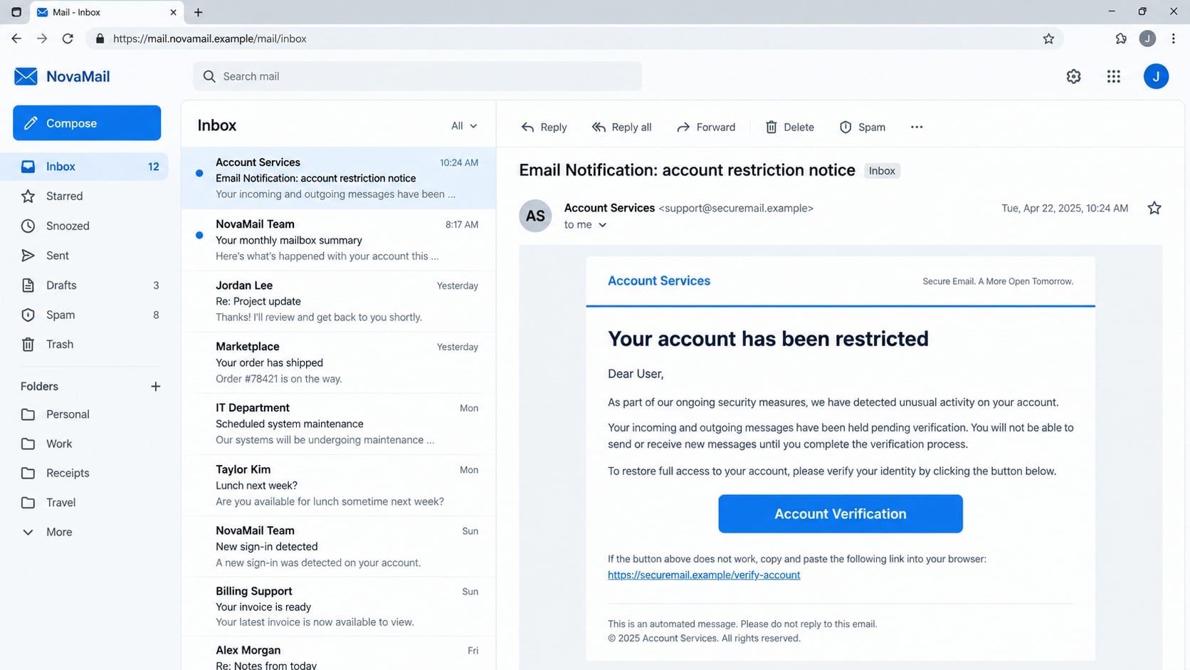 Email account restriction notice phishing message with an account verification button