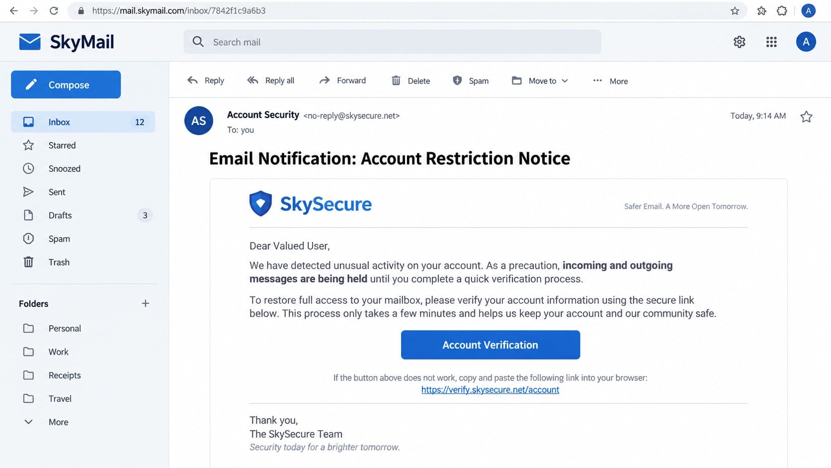 Restricted email account phishing notice claiming messages are on hold