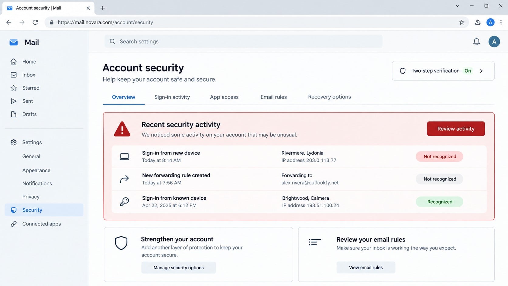 Mailbox security activity showing an unfamiliar sign-in and forwarding rule
