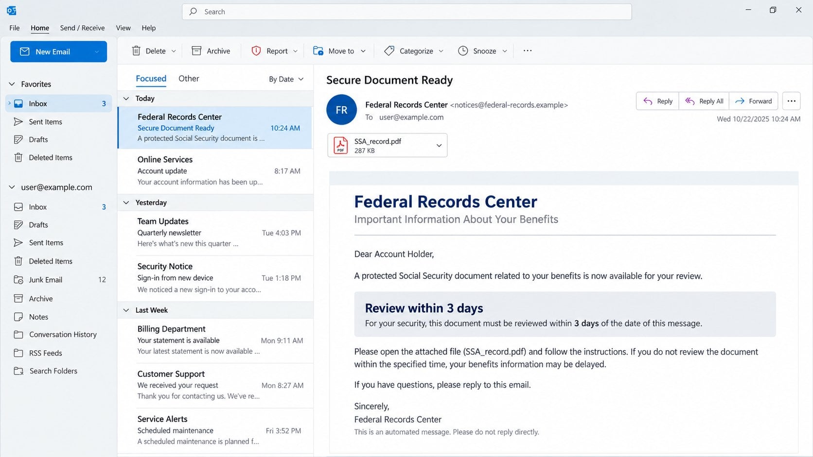 Illustrative Social Security document malware email