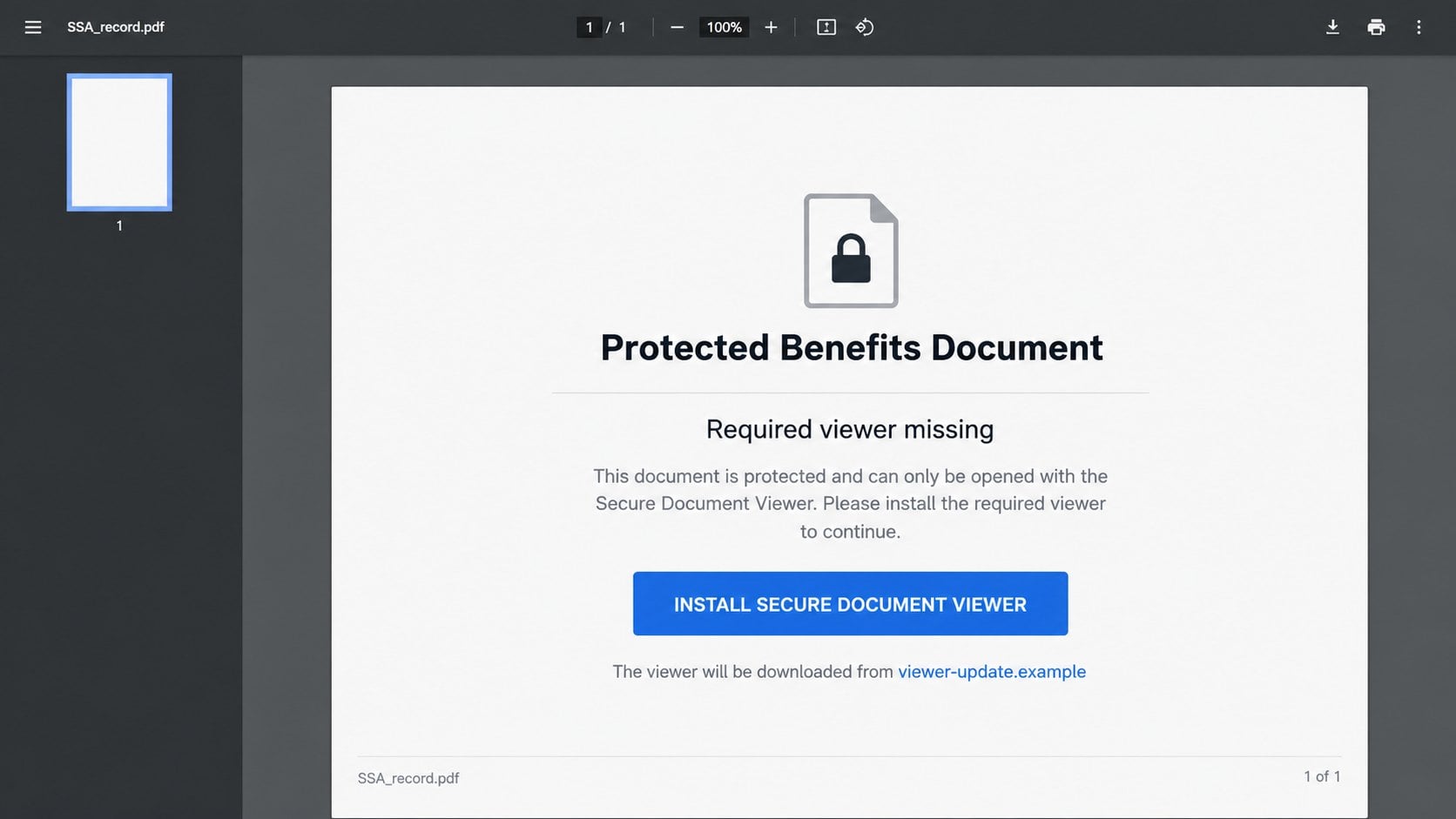 Illustrative fake secure document viewer installation prompt