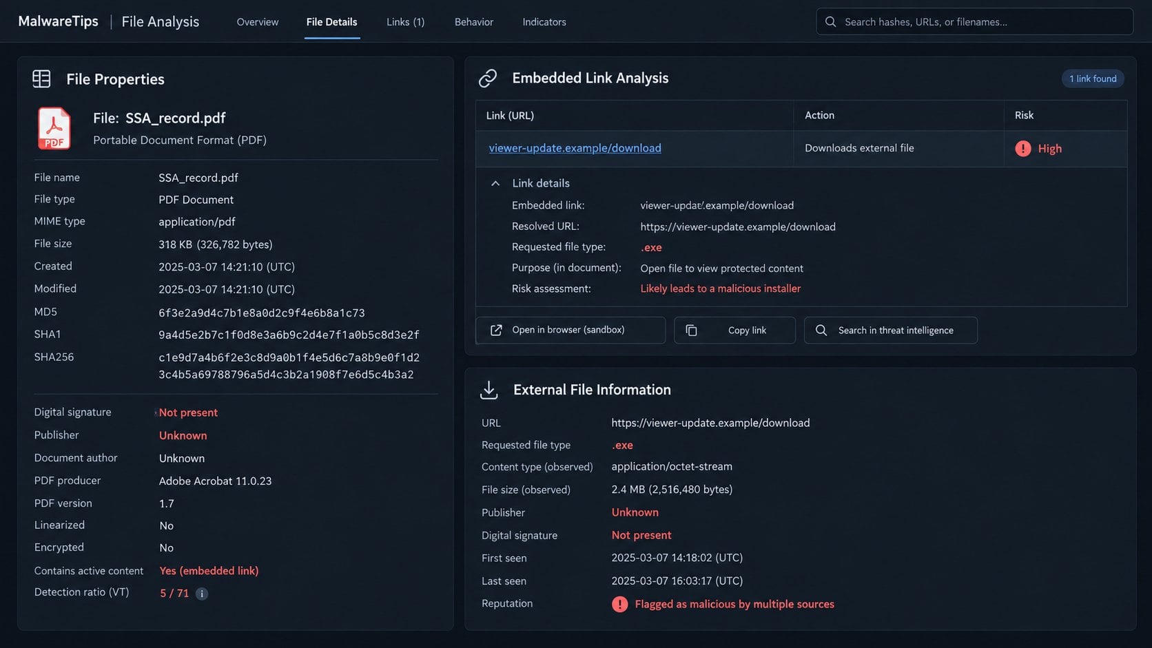 Illustrative analysis of a PDF linking to an unsigned executable