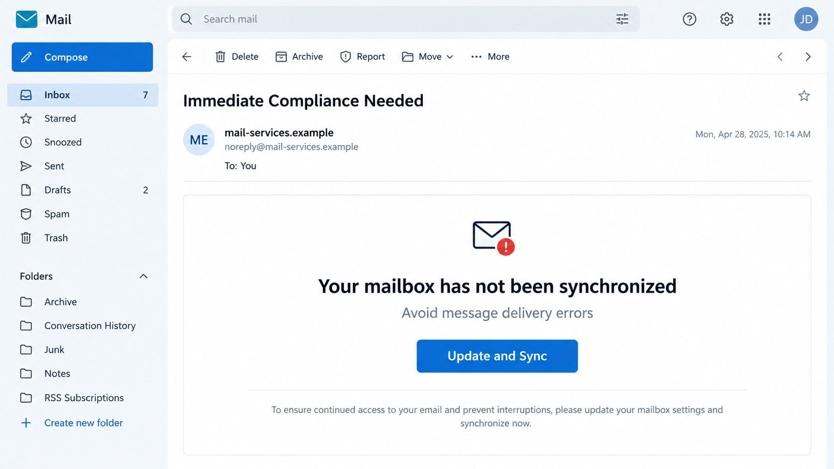 Illustrative Update and Synchronize Your Mailbox phishing email