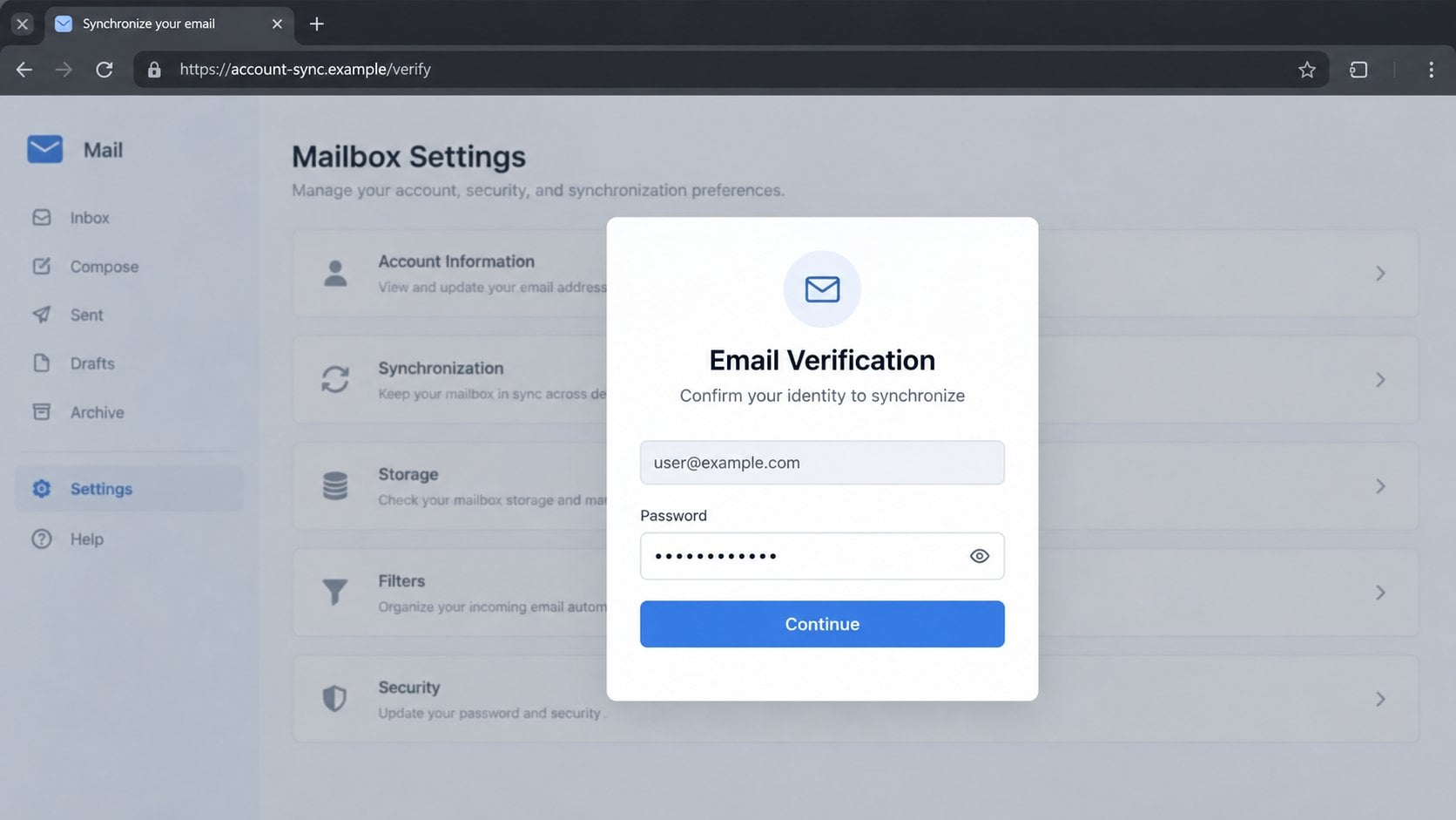 Illustrative fake email verification page used by a mailbox sync scam