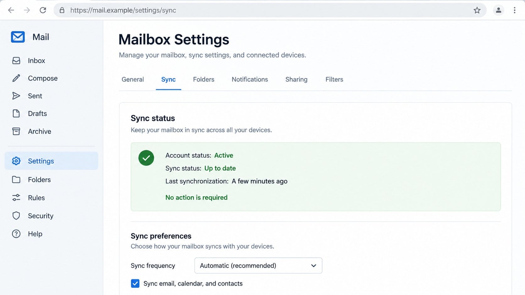 Illustrative legitimate mailbox settings showing synchronization is current