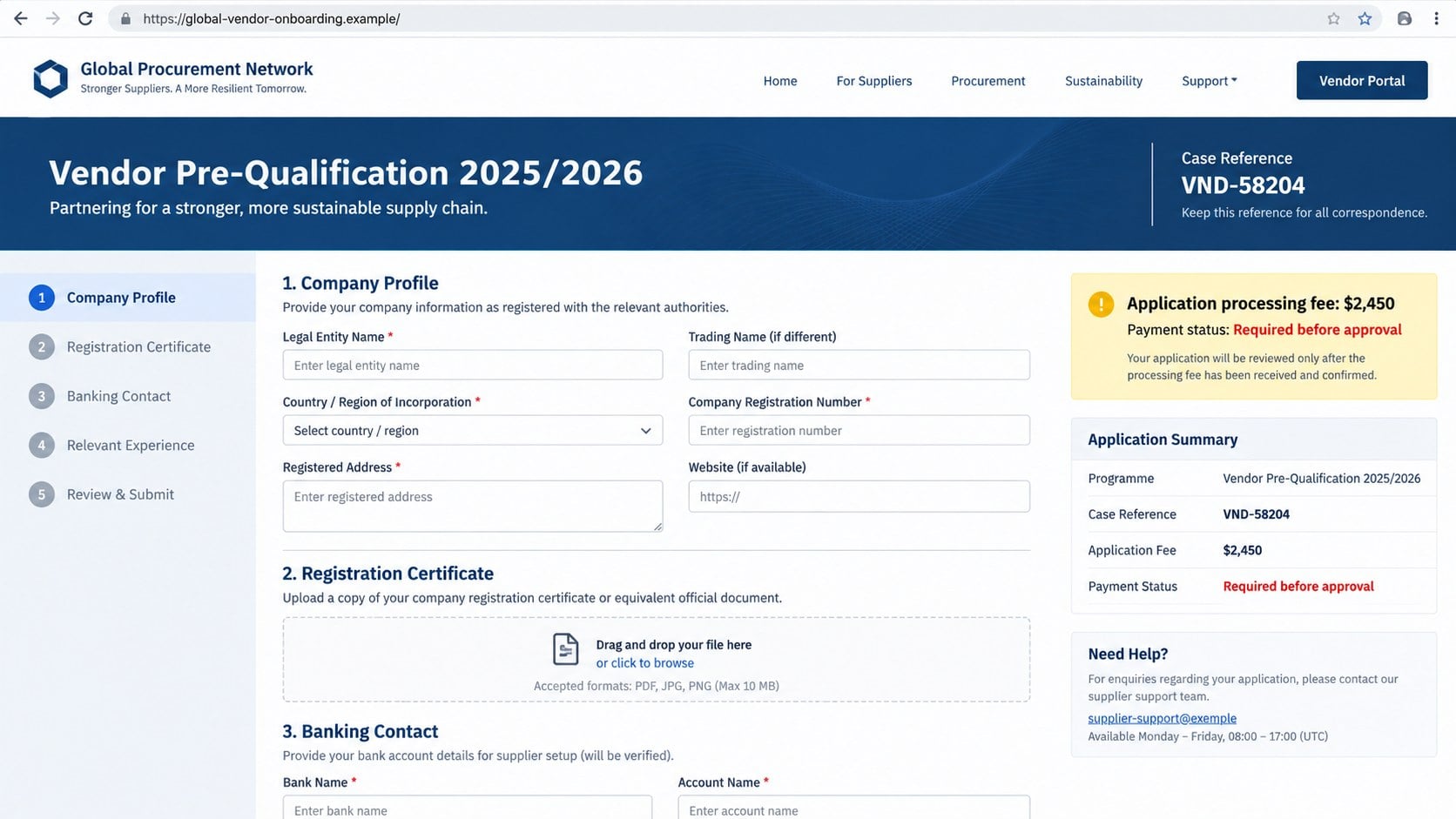 Fraudulent vendor pre-qualification portal demanding a processing fee
