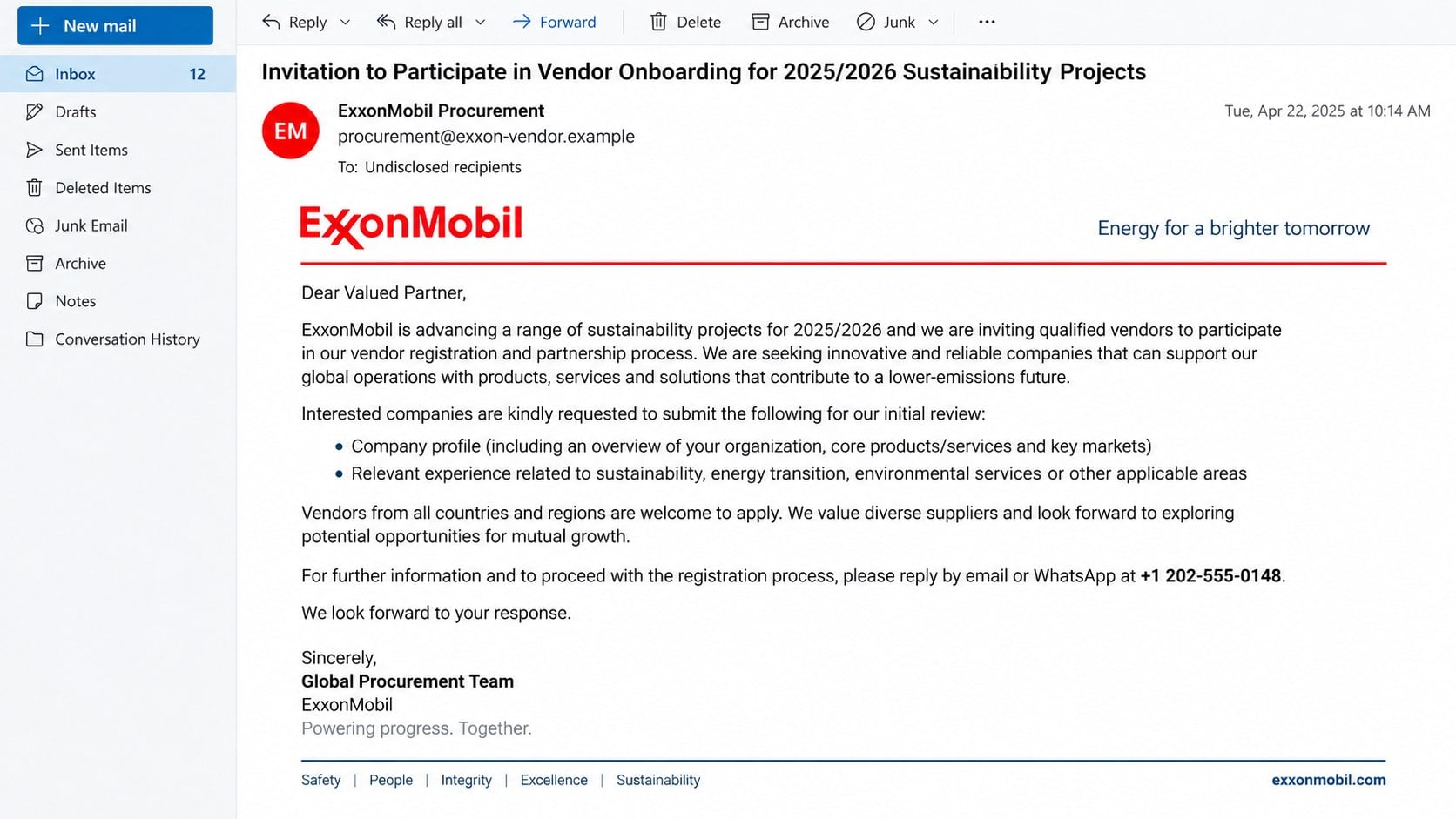 Fake ExxonMobil vendor partnership invitation email