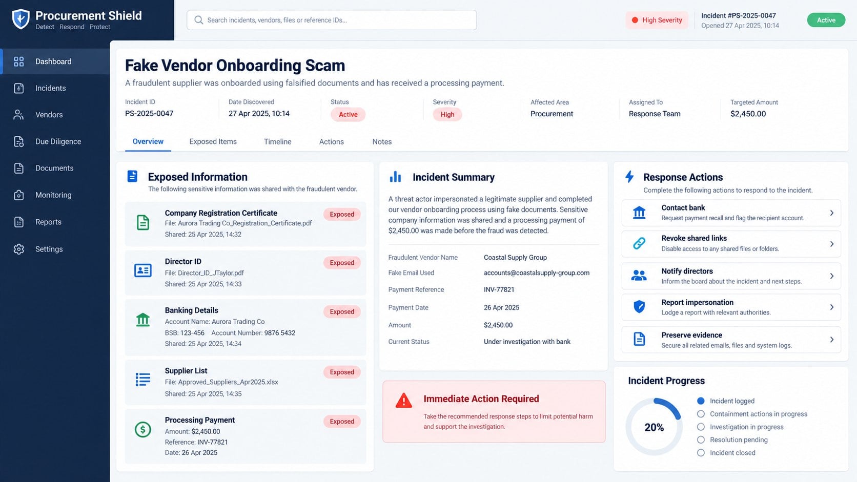 Business fraud response dashboard after fake vendor onboarding