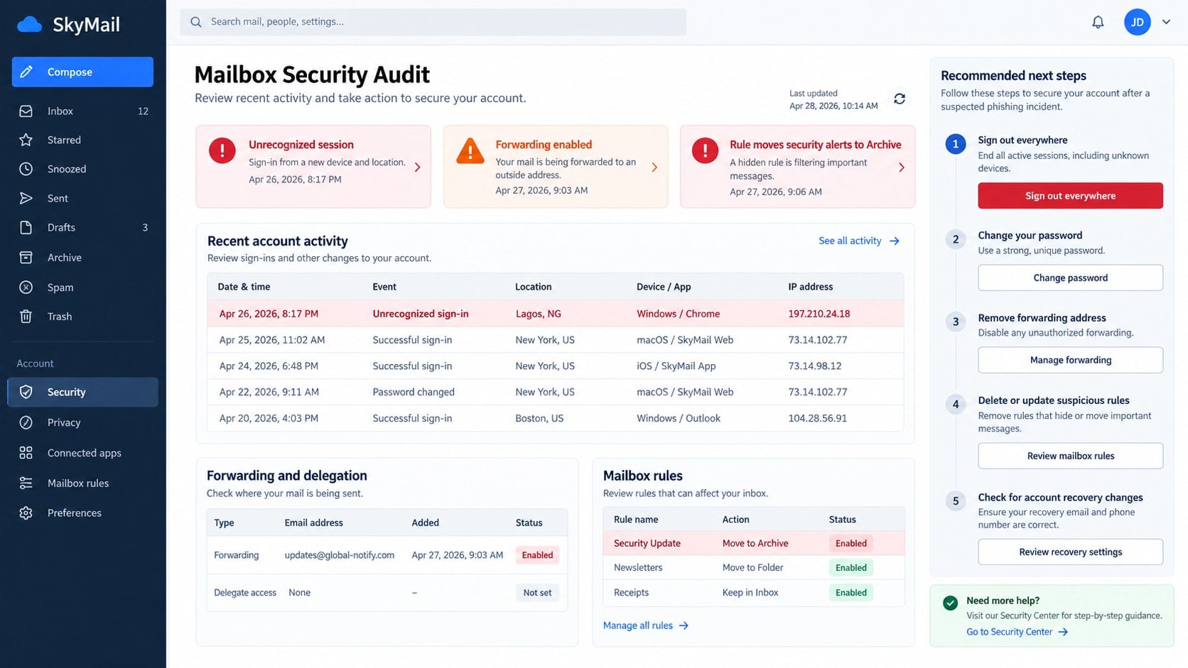 Mailbox security audit showing forwarding and hidden inbox rules