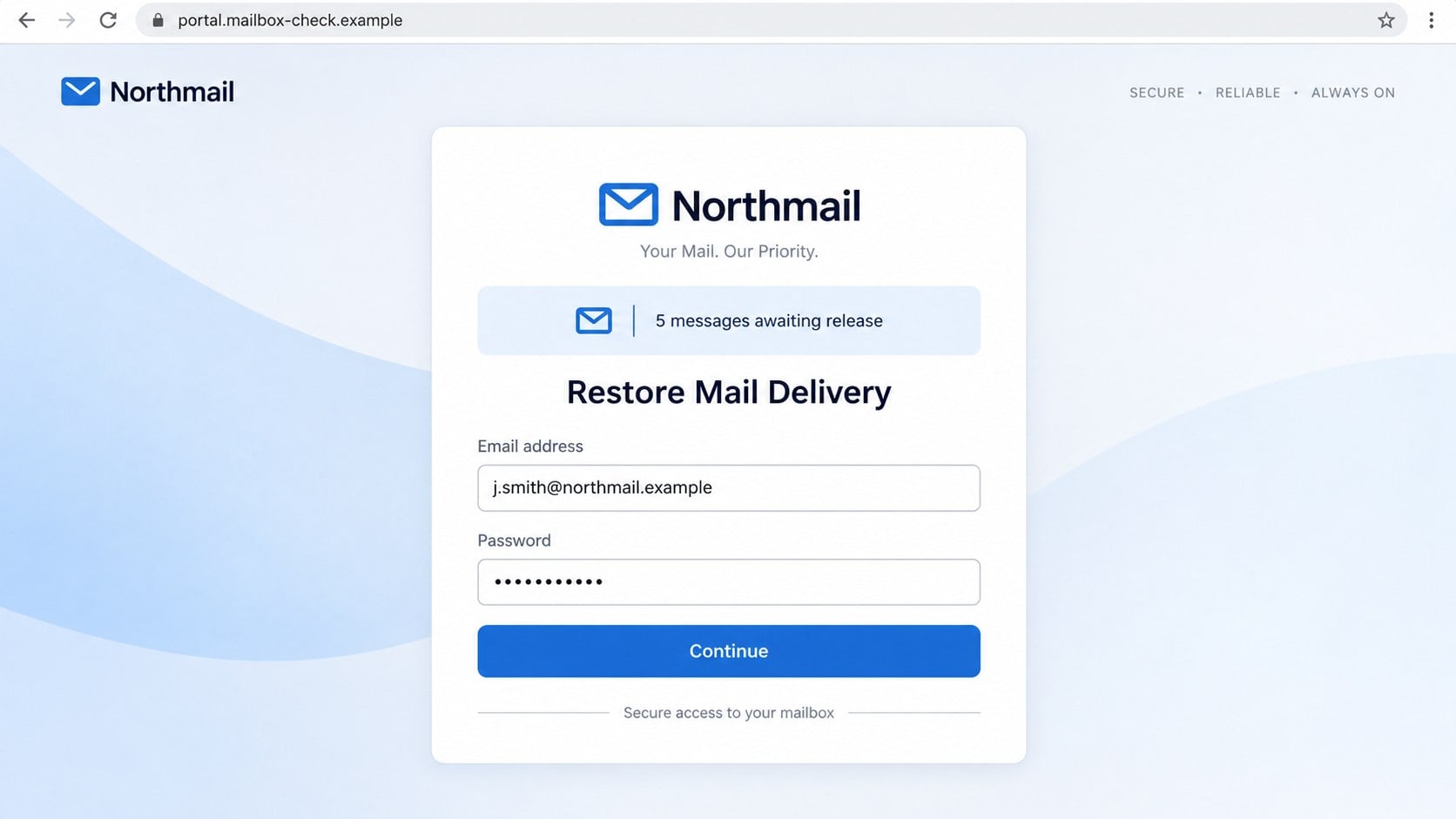 Counterfeit mailbox login page claiming five messages await release