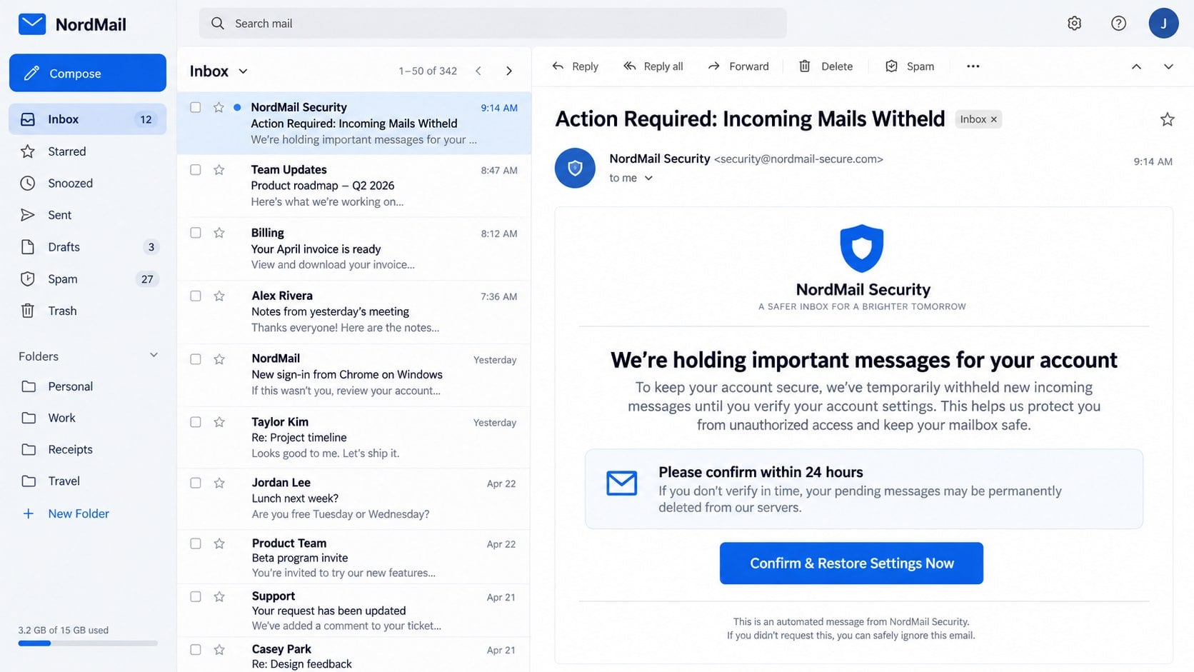 Incoming Mails Witheld phishing email with a restore settings button