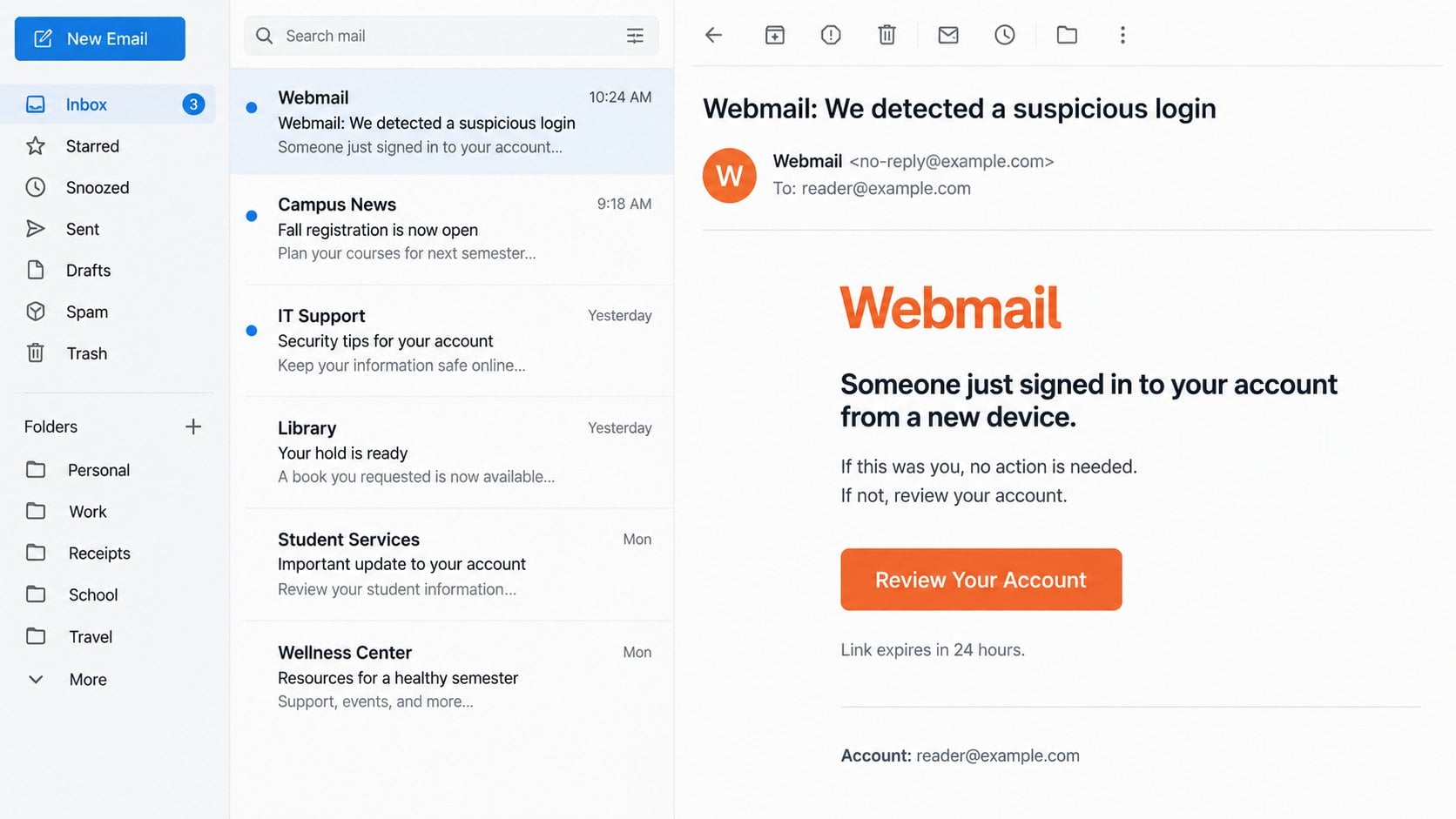 Illustrative cPanel email claiming a suspicious login from a new device