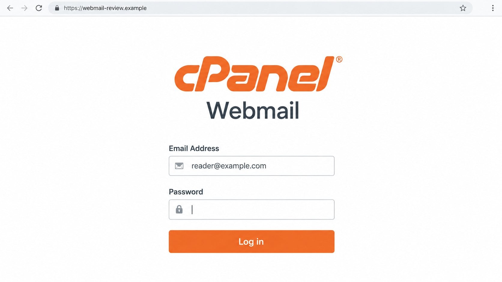 Illustrative cPanel-style credential form on an unrelated webmail address
