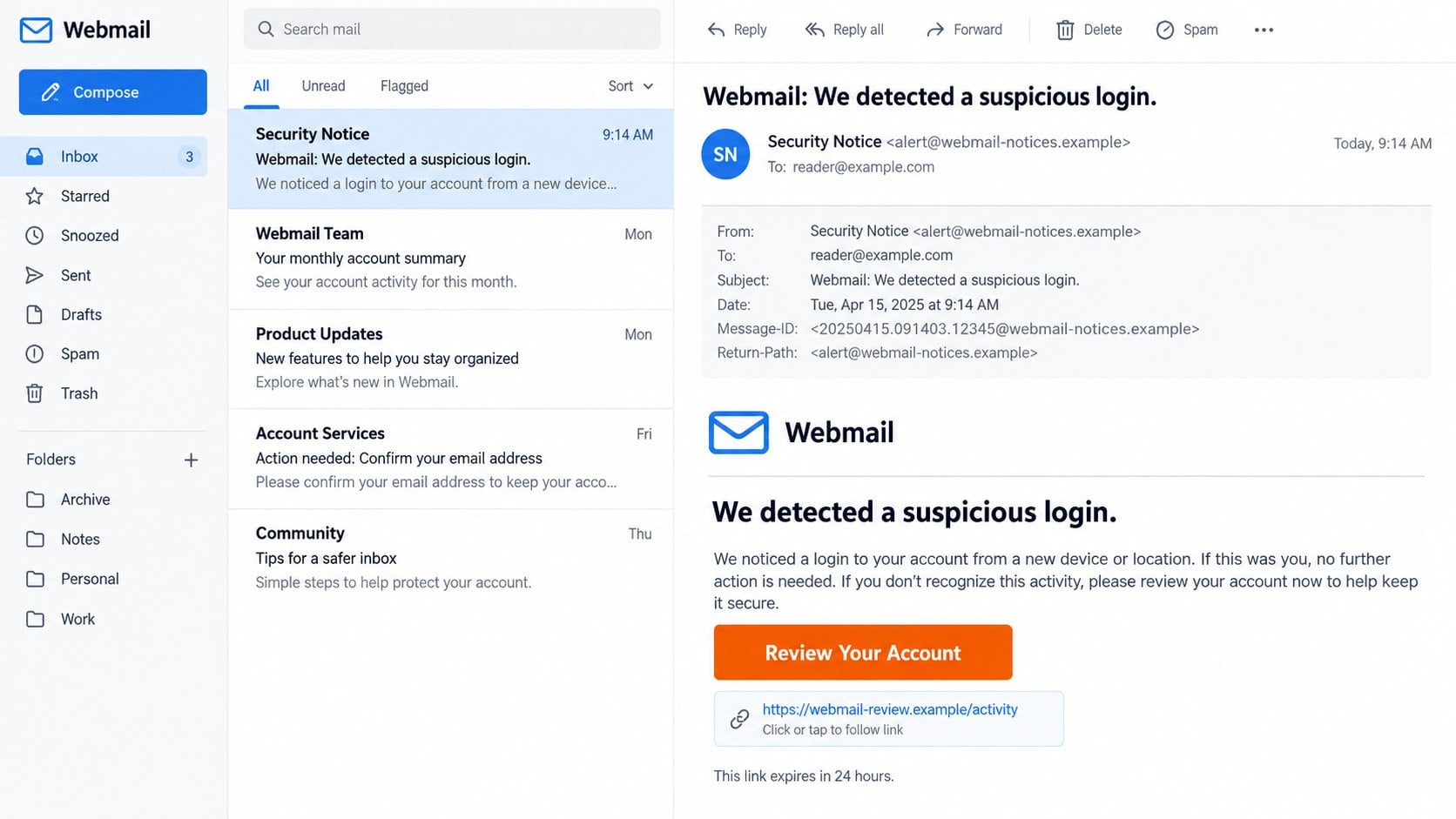 Illustrative expanded sender details and link preview for a webmail login warning