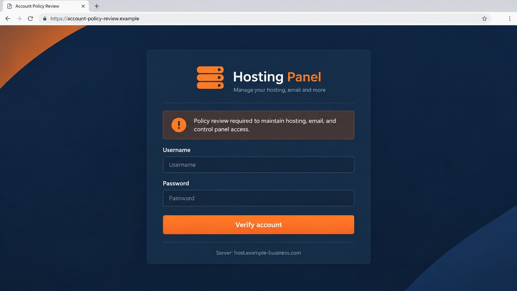 Fake hosting panel login page used for policy verification phishing