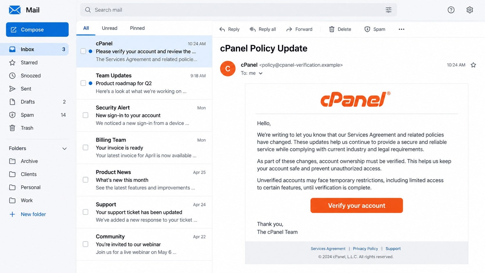 Fake cPanel Policy Update verification email