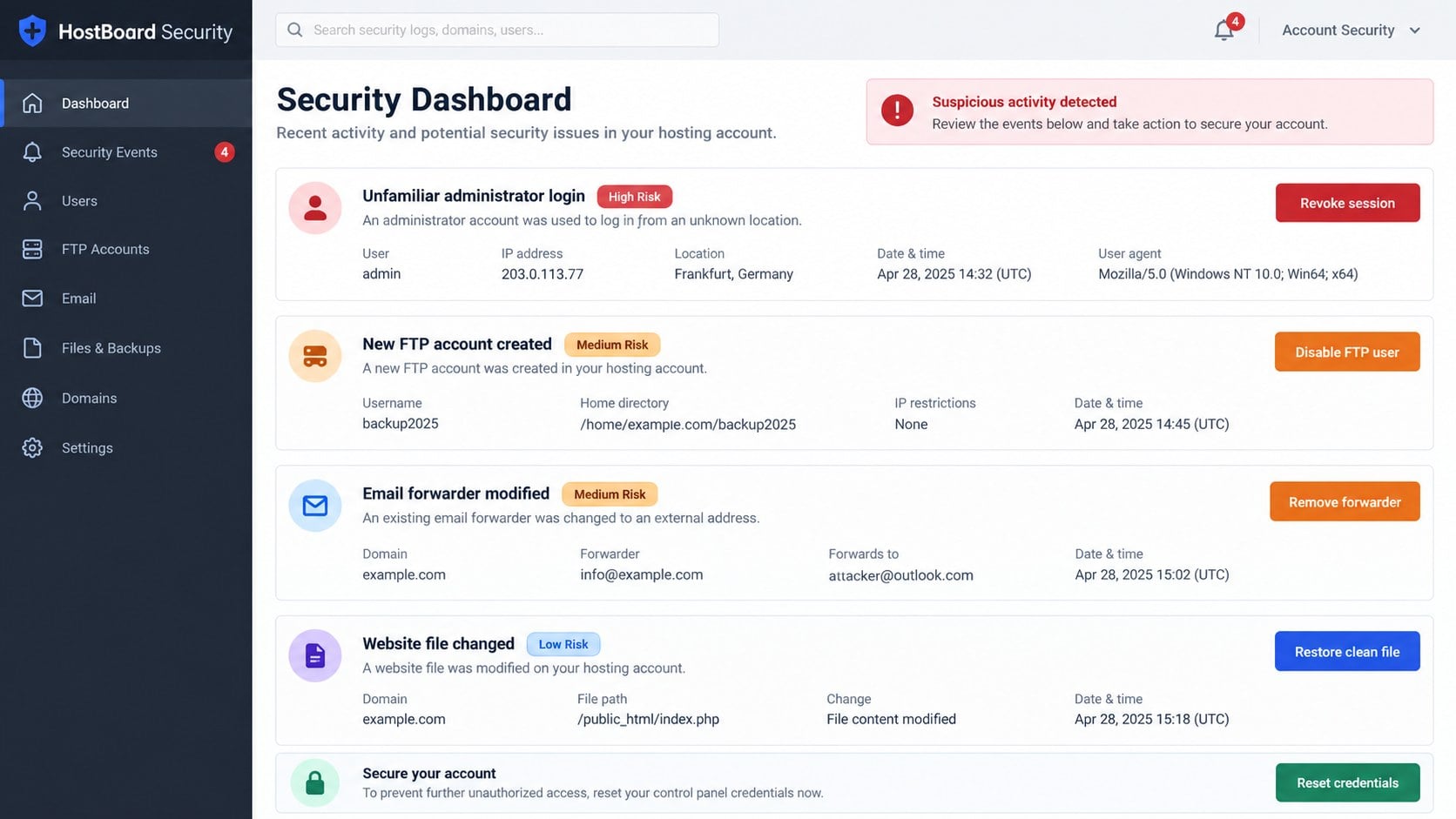 Hosting account security dashboard showing suspicious administrative changes