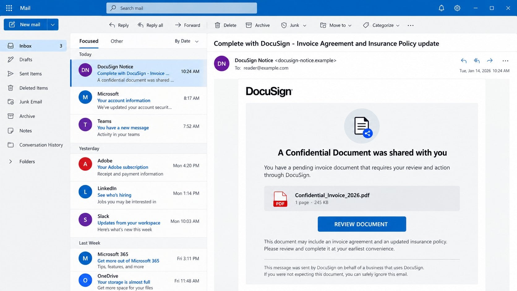 Illustrative DocuSign confidential document email with a review button
