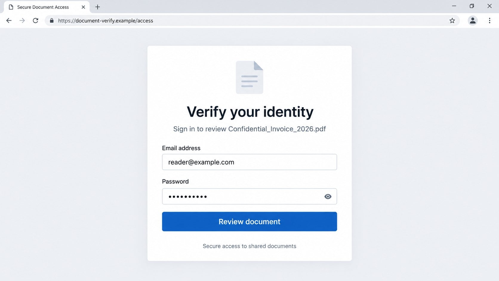 Illustrative fake confidential document verification page on a fictional address