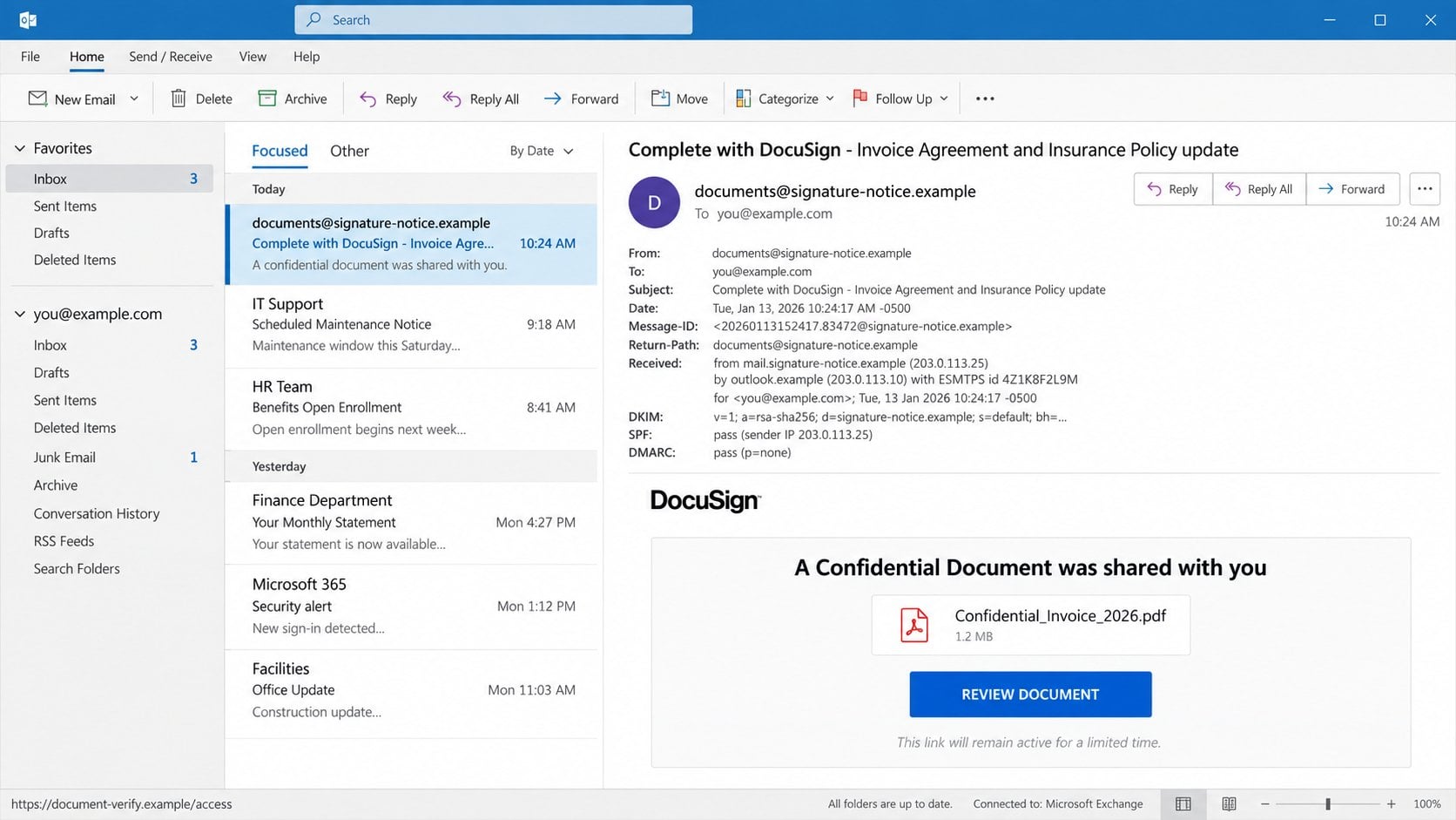 Illustrative DocuSign-themed email details revealing a fictional unrelated review link