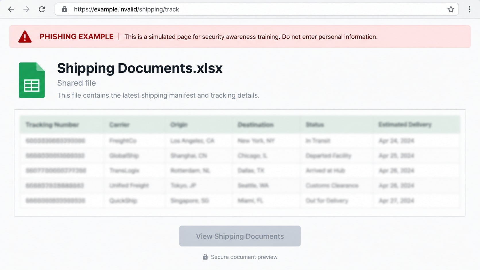 Defensive reconstruction of a fake shipping spreadsheet document page