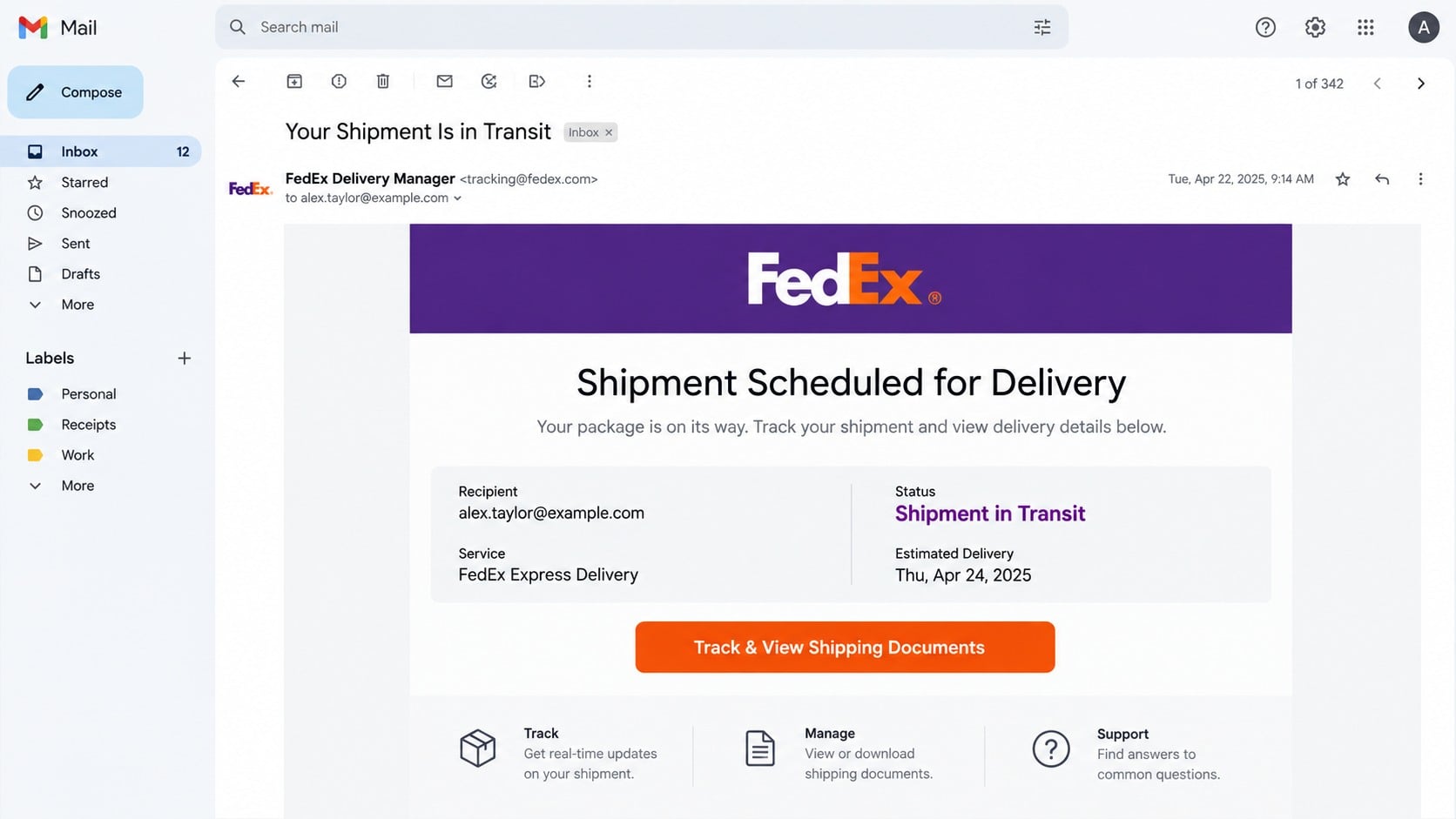 Fraudulent FedEx shipment scheduled for delivery email in an inbox