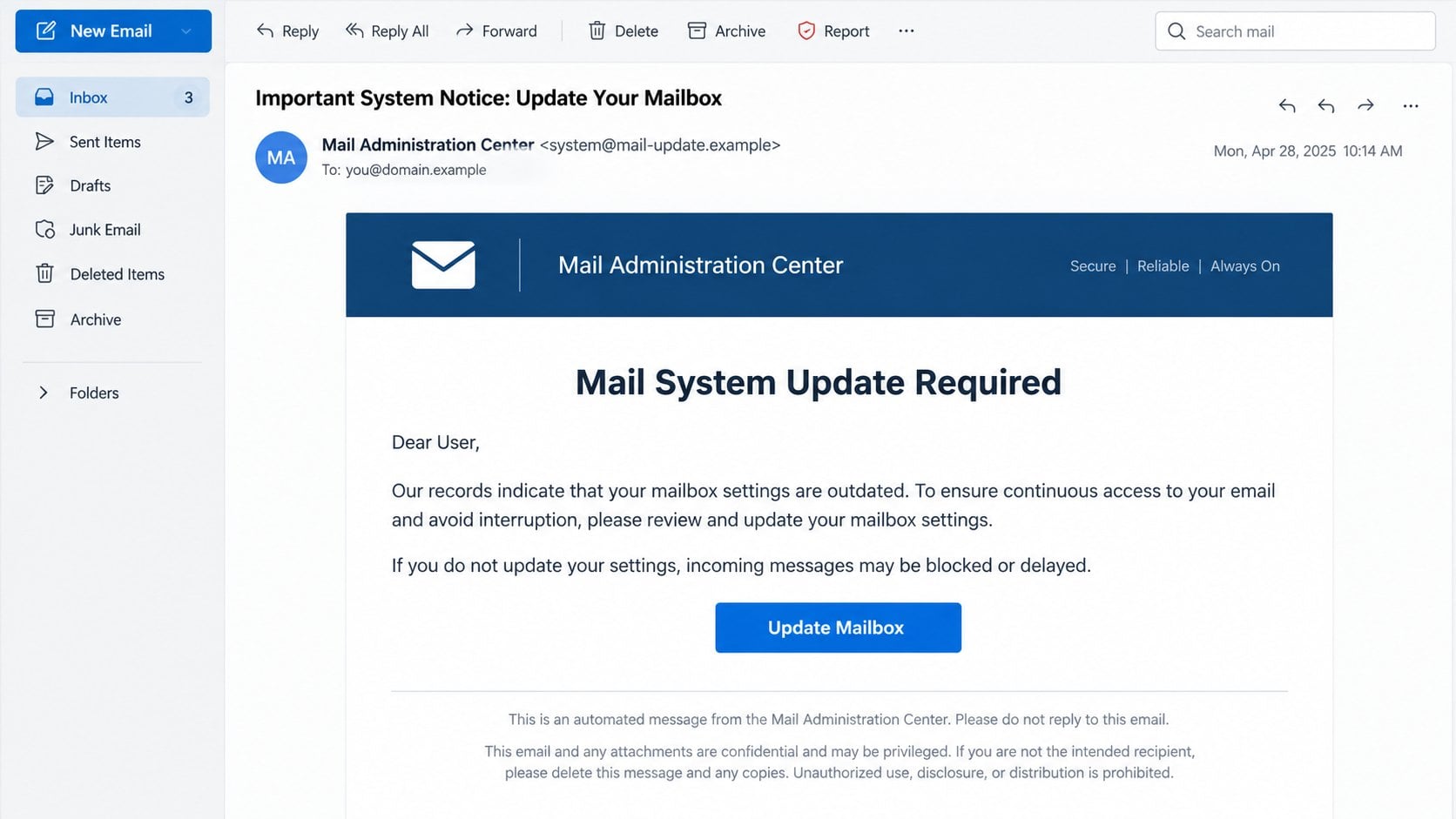 Illustrative Mail System Update Required phishing email