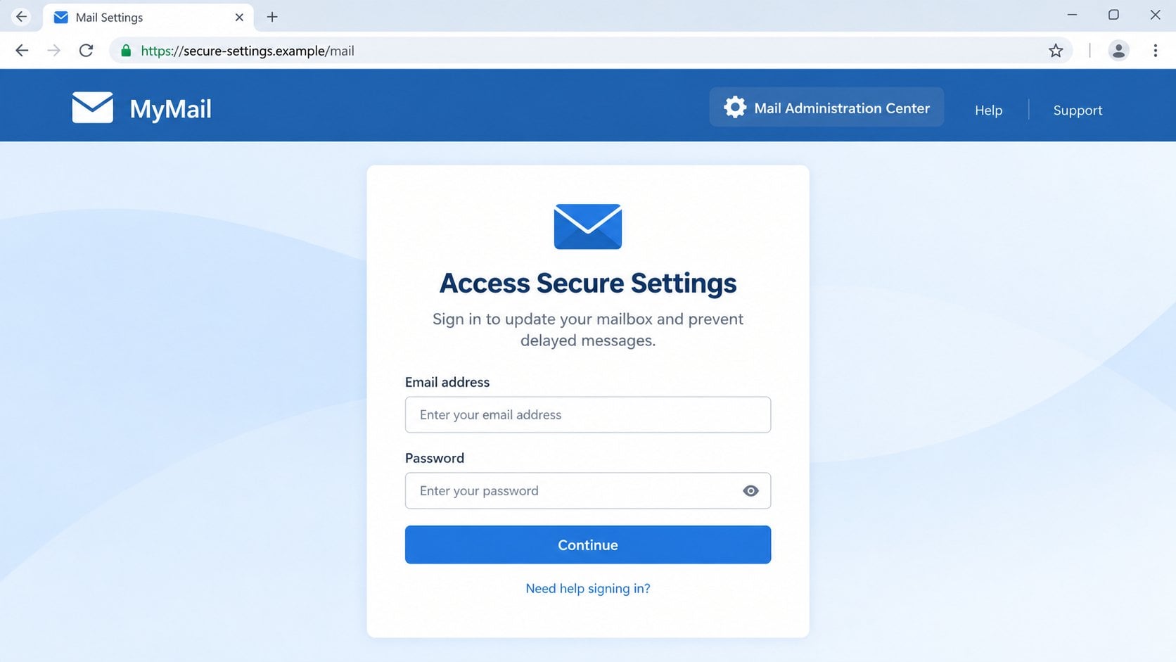 Illustrative fake Access Secure Settings password page on a fictional domain