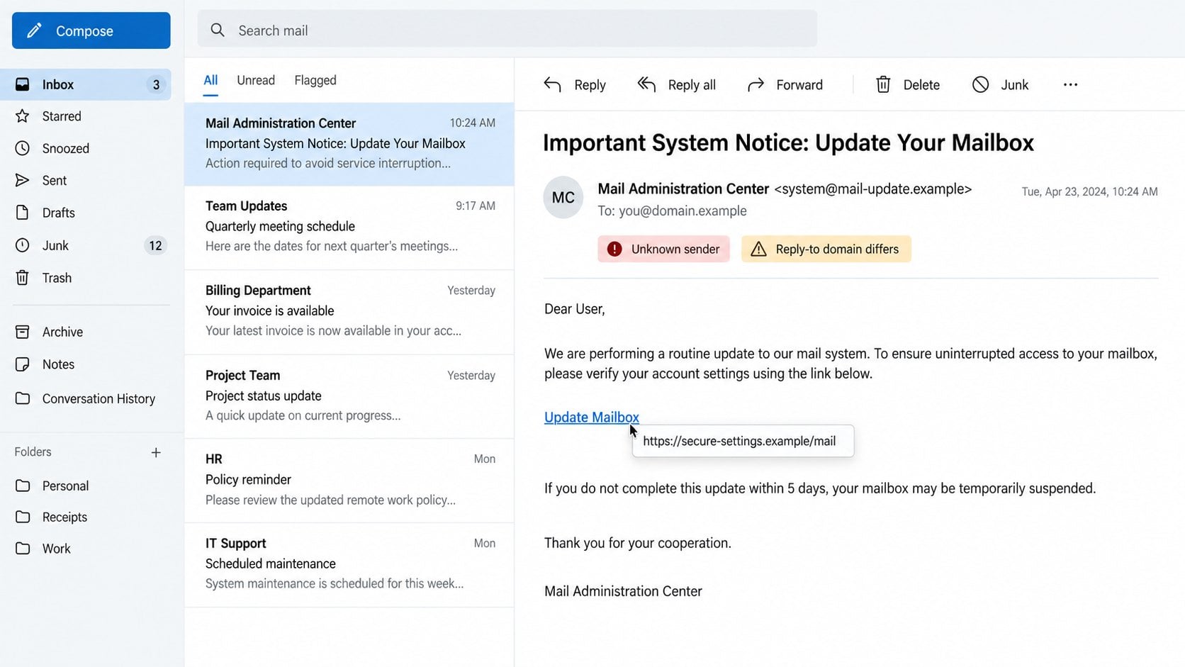 Illustrative mailbox update message showing an unknown sender and fictional secure-settings link