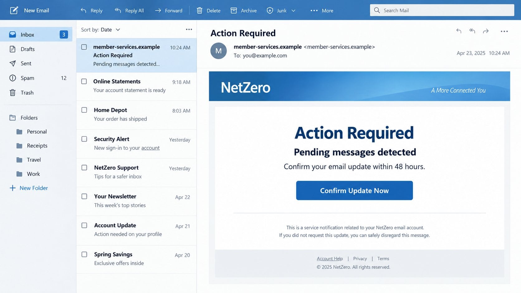Illustrative NetZero Email Update phishing notice