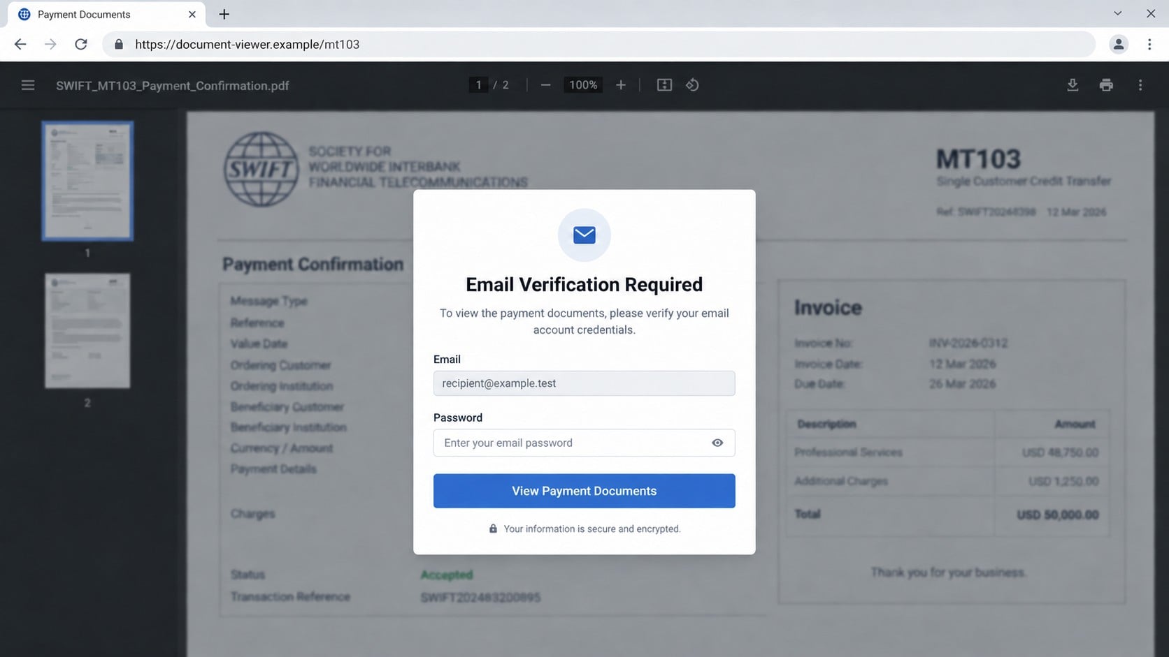 Fake MT103 payment document viewer requesting email verification