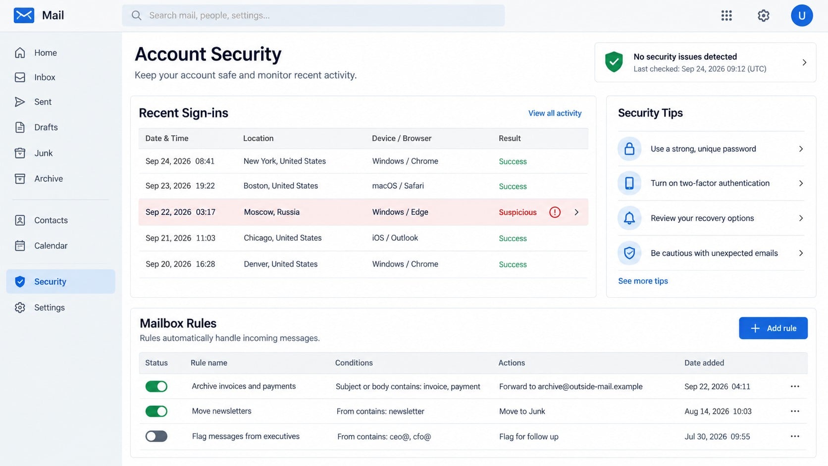 Mailbox security dashboard showing a suspicious sign-in and invoice forwarding rule