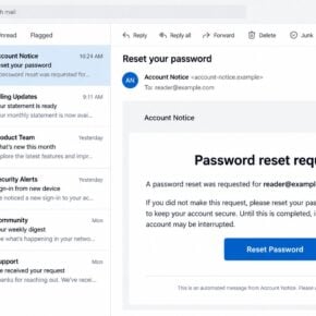 Illustrative password reset request email warning about interrupted incoming mail
