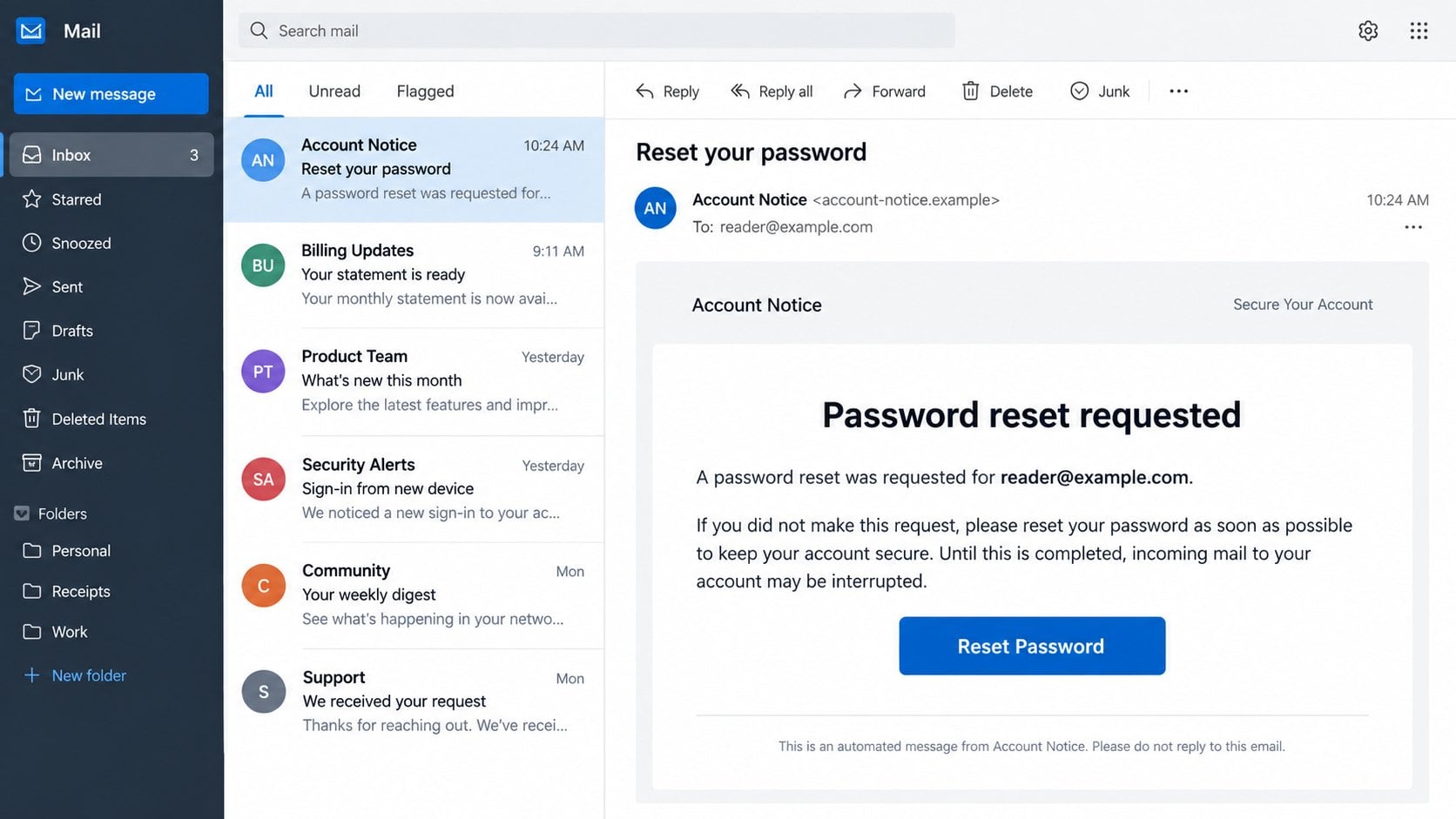 Illustrative password reset request email warning about interrupted incoming mail