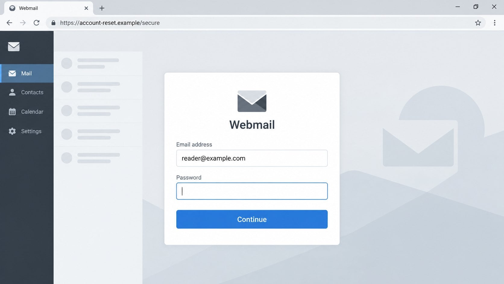 Illustrative webmail credential form on a fictional account-reset address