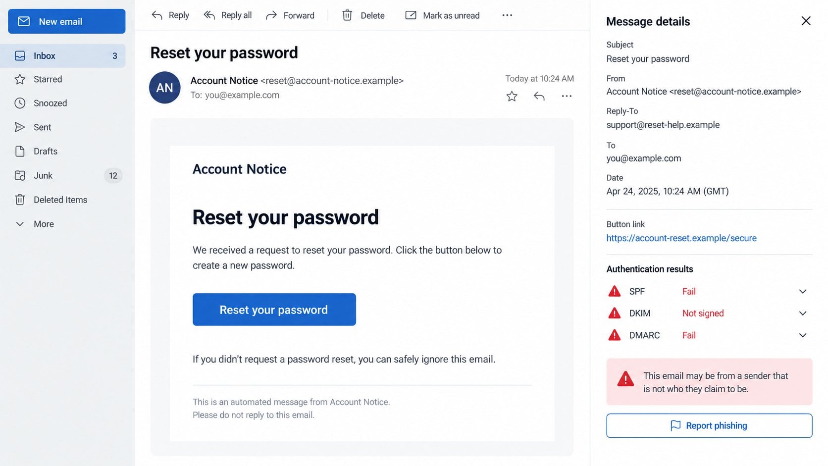 Illustrative password-reset email details showing fictional sender and button destinations