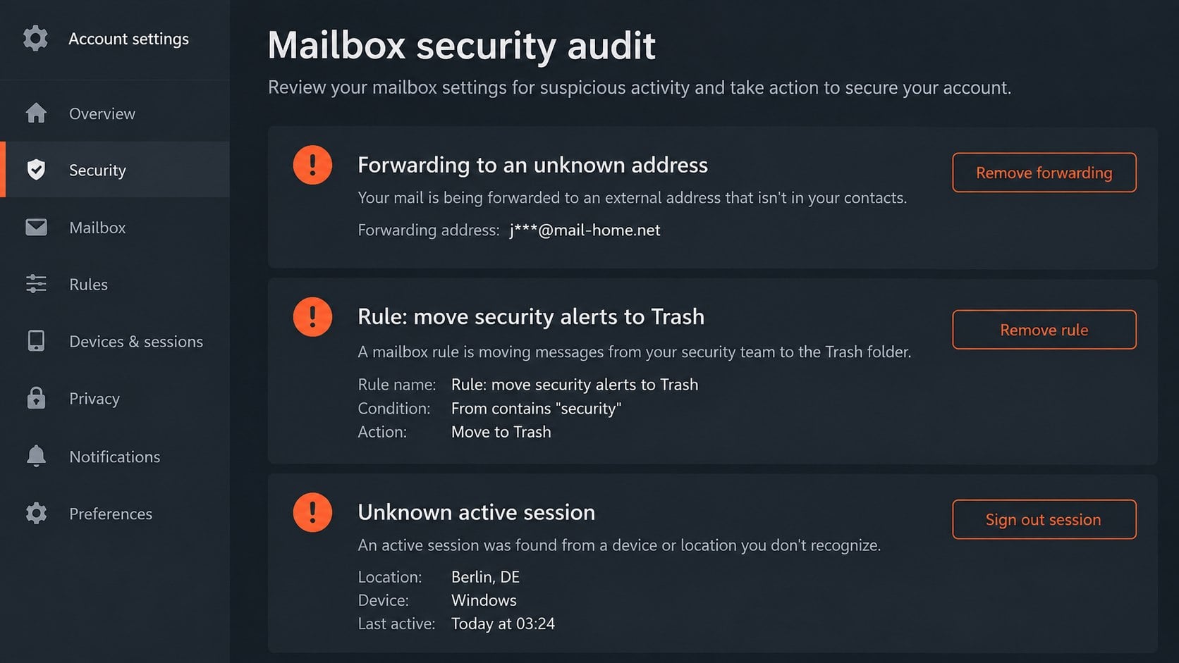 Mailbox security audit showing unauthorized forwarding and message rules