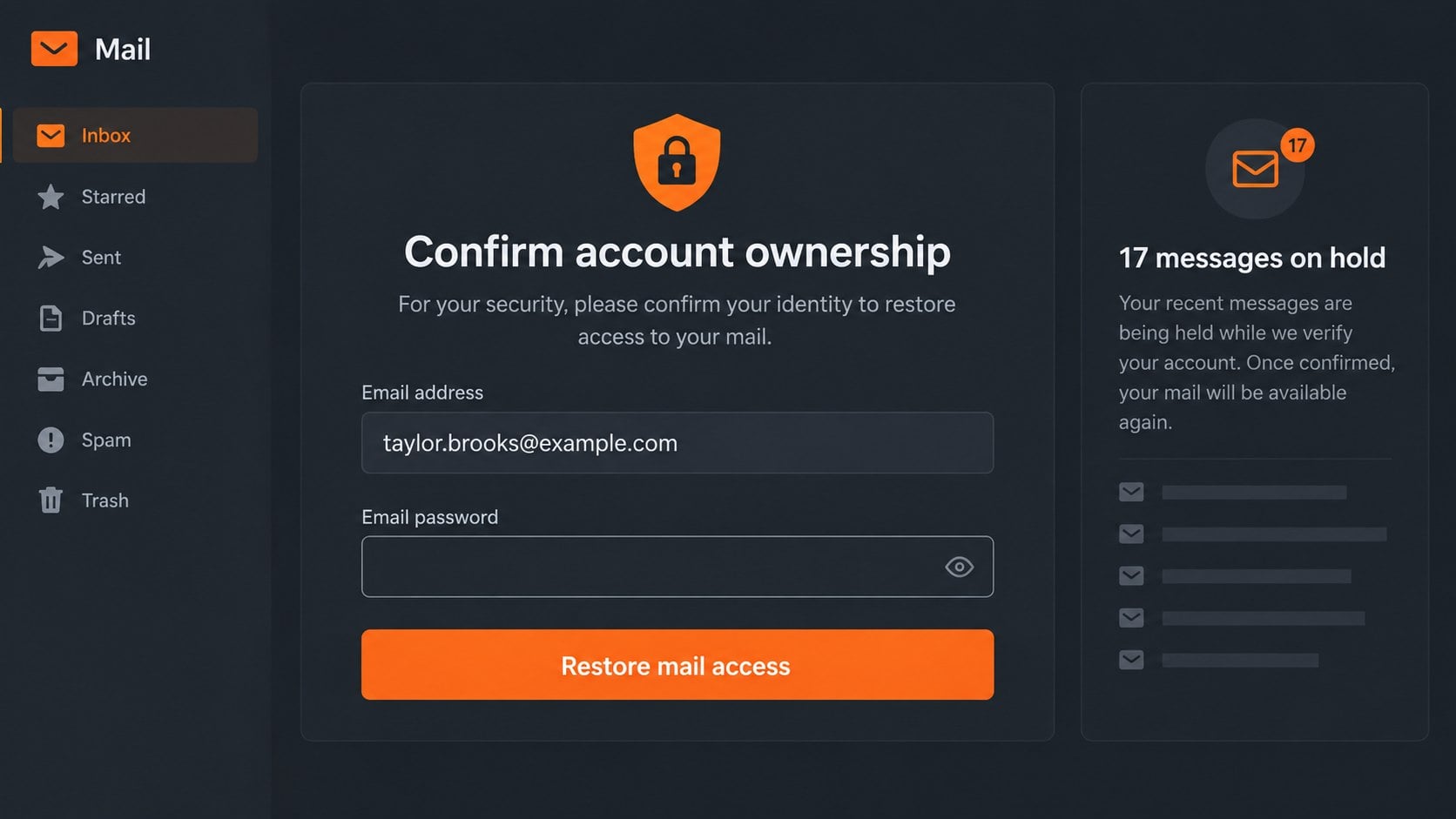 Counterfeit mail access portal requesting a password to release held messages