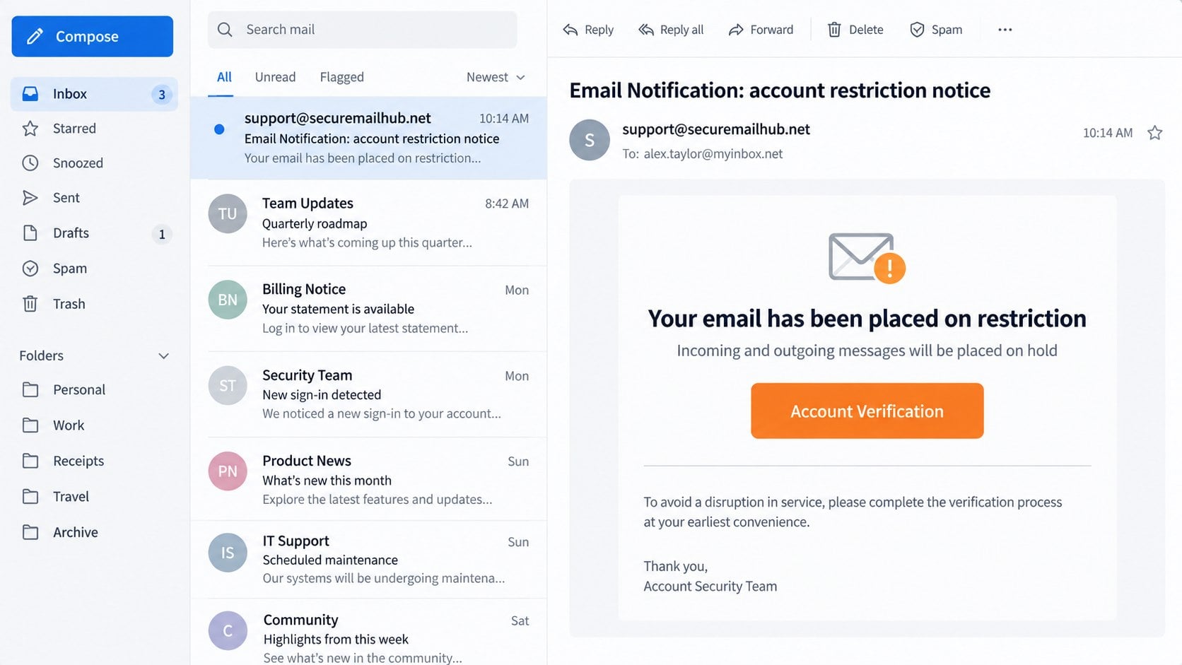 Restricted email account phishing notice claiming messages are on hold