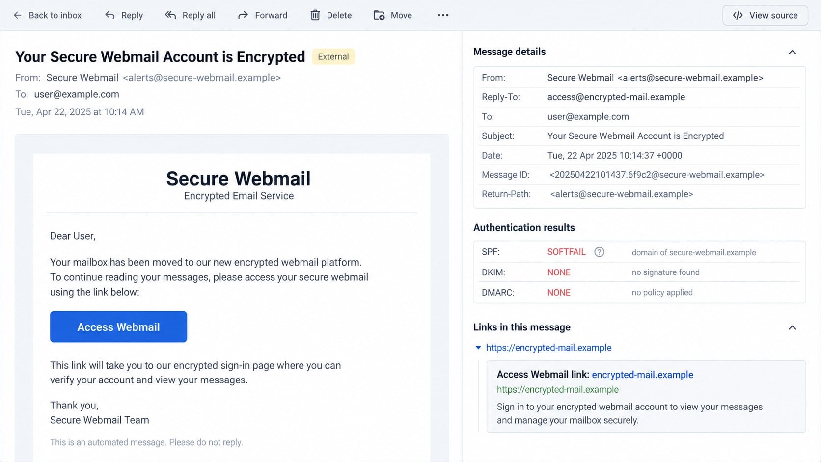 Illustrative encrypted webmail email headers showing authentication failures