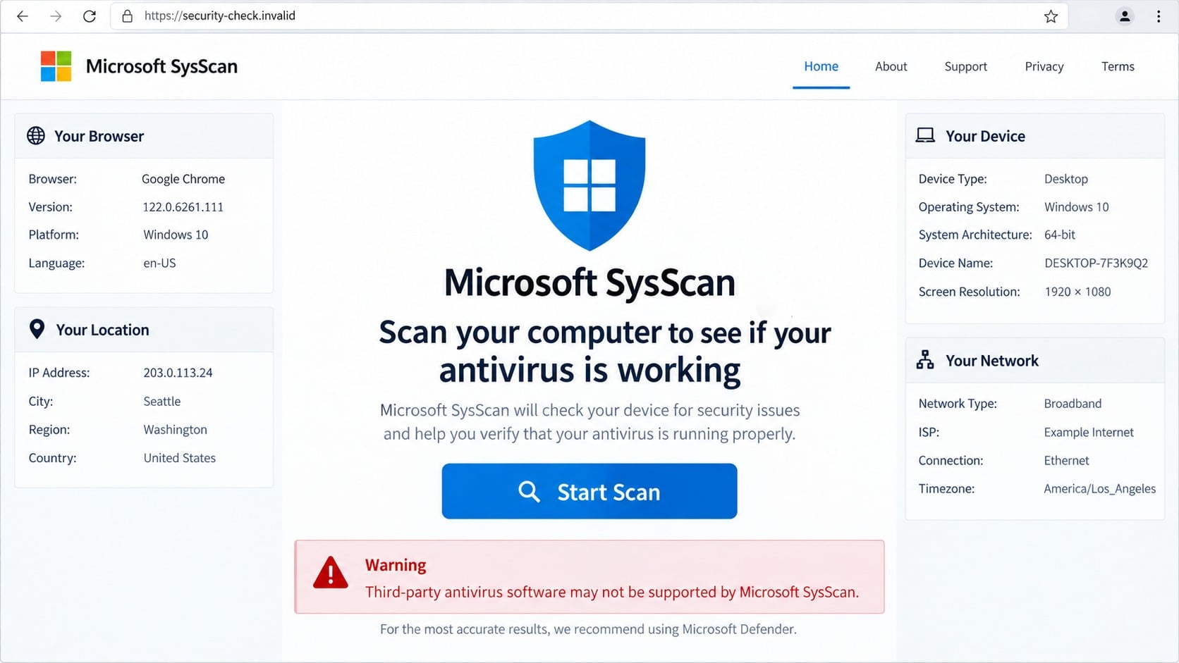 Fake Microsoft SysScan webpage offering an antivirus compatibility check