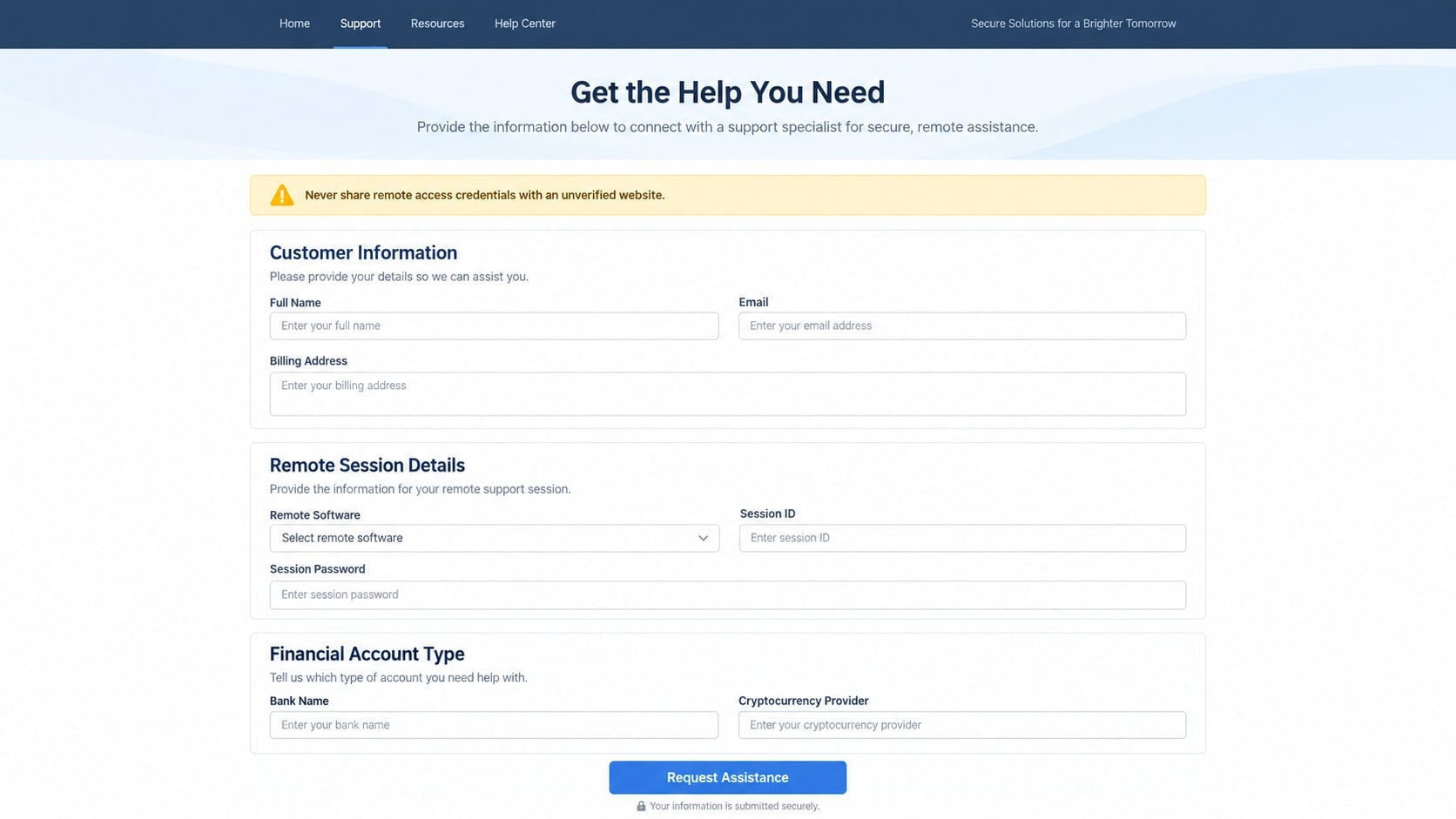 Fraudulent support form requesting remote session and financial account details