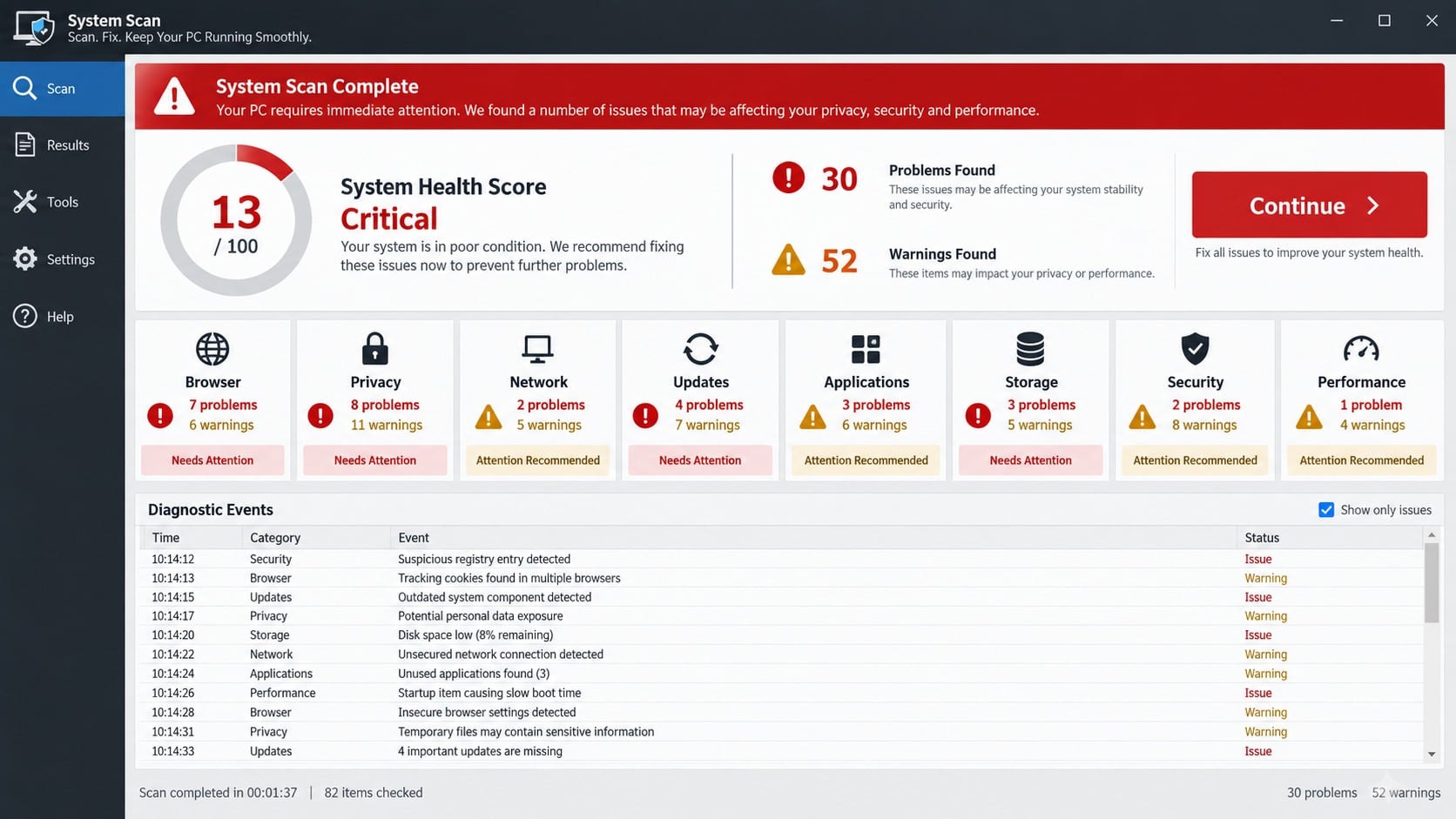 Fabricated system scan reporting thirty problems and fifty-two warnings