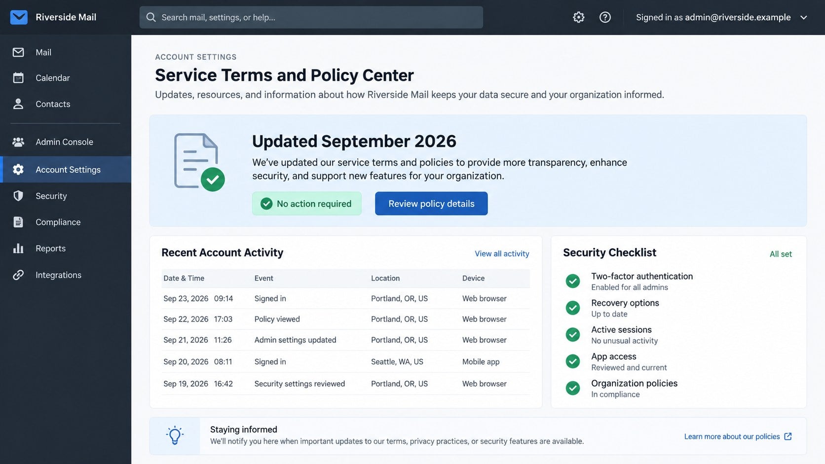 Authenticated policy center showing how a legitimate service terms notice appears