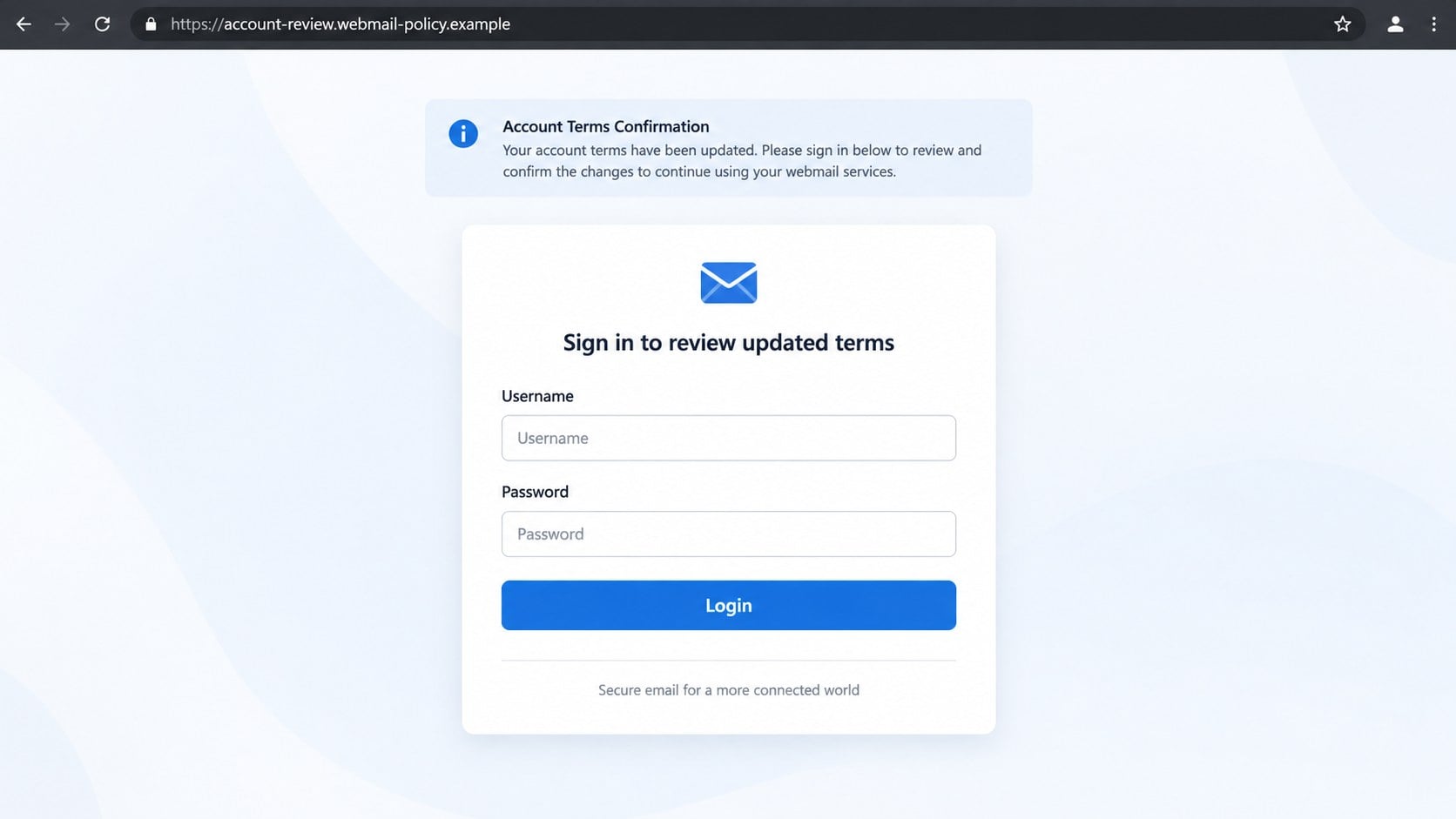 Counterfeit webmail login page requesting credentials to review updated terms